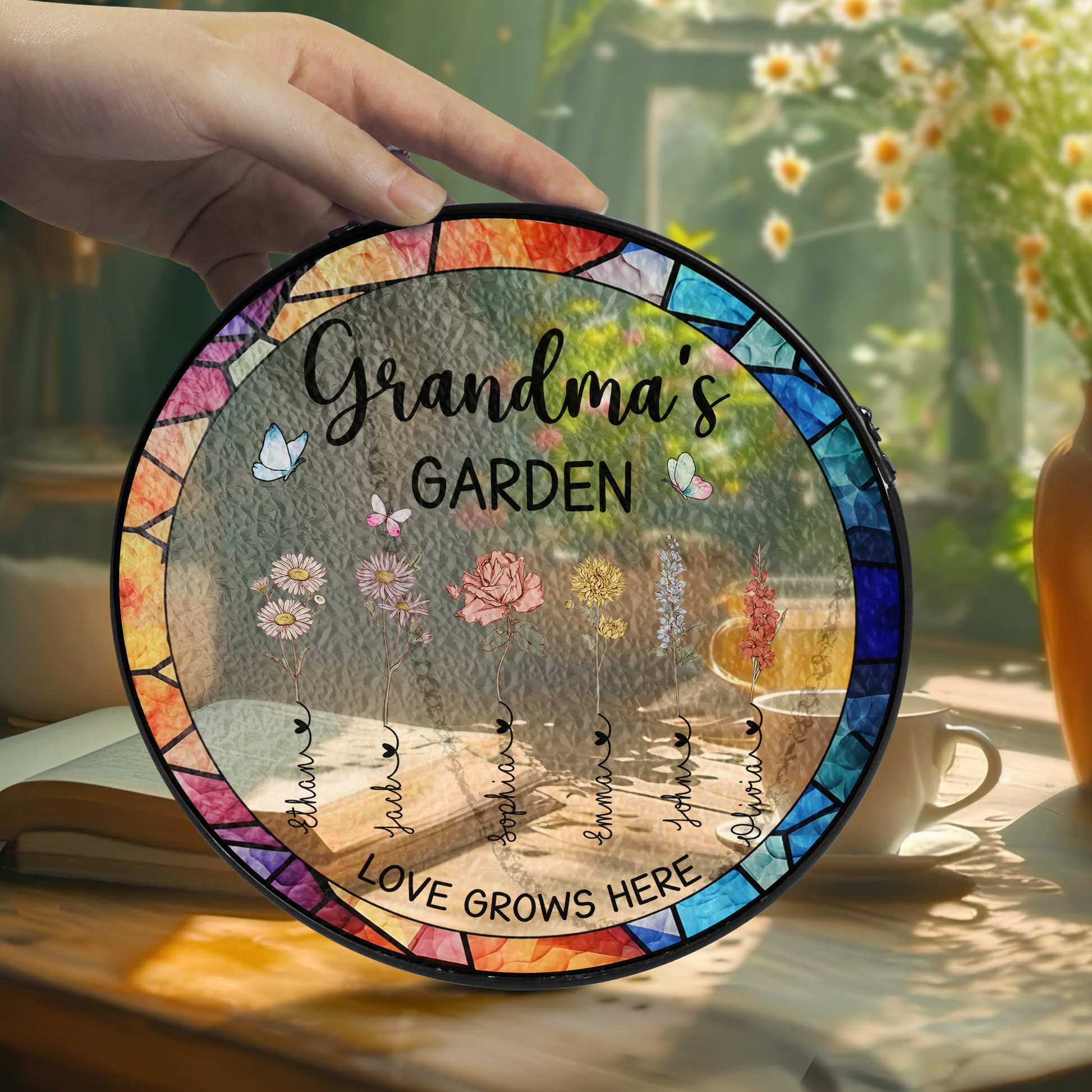 Personalized Grandma’s Garden Stained Glass Suncatcher – Custom Names Window Hanging Gift for Grandma