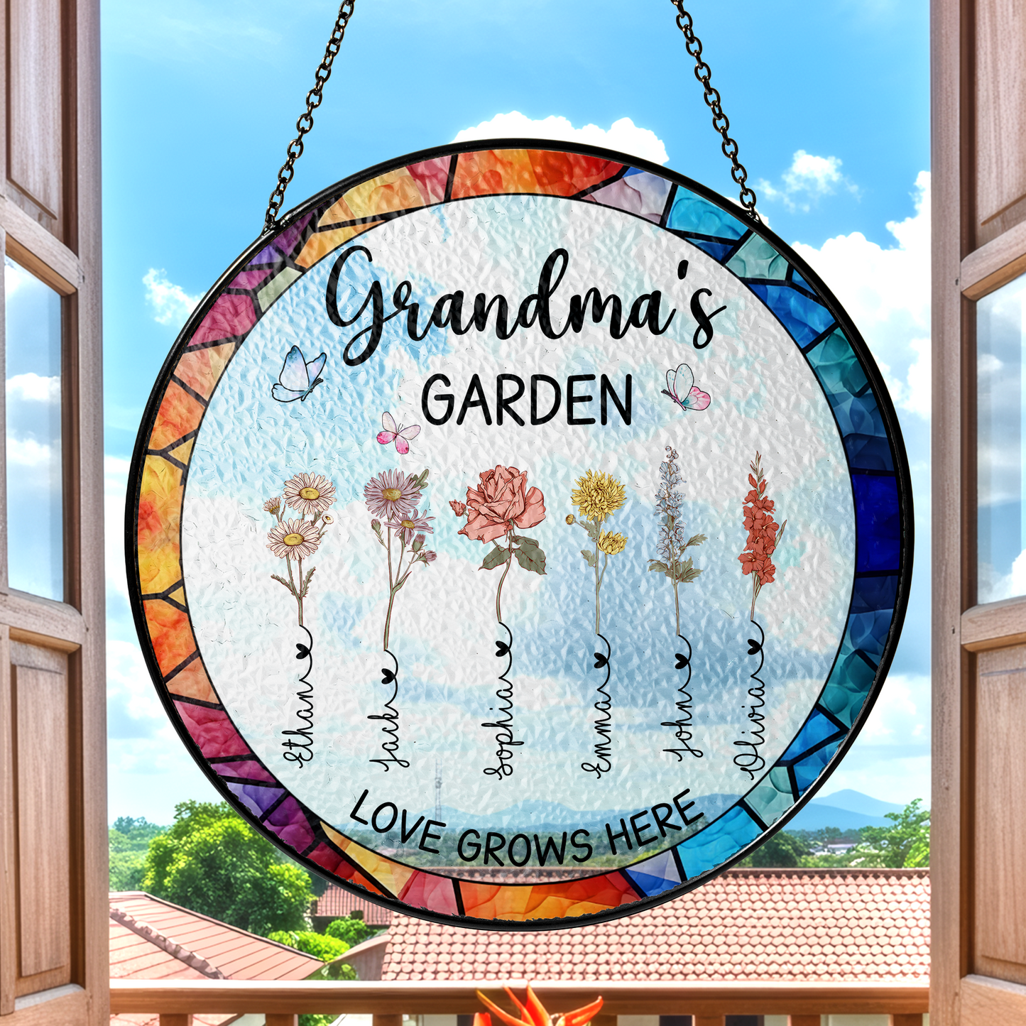 Personalized Grandma’s Garden Stained Glass Suncatcher – Custom Names Window Hanging Gift for Grandma