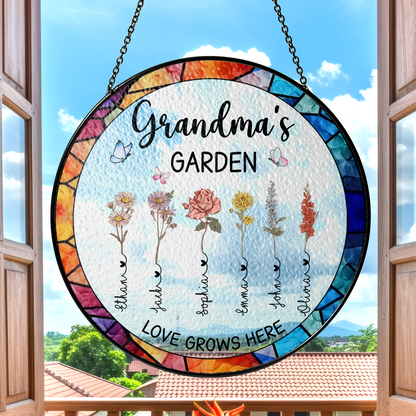 Personalized Grandma’s Garden Stained Glass Suncatcher – Custom Names Window Hanging Gift for Grandma