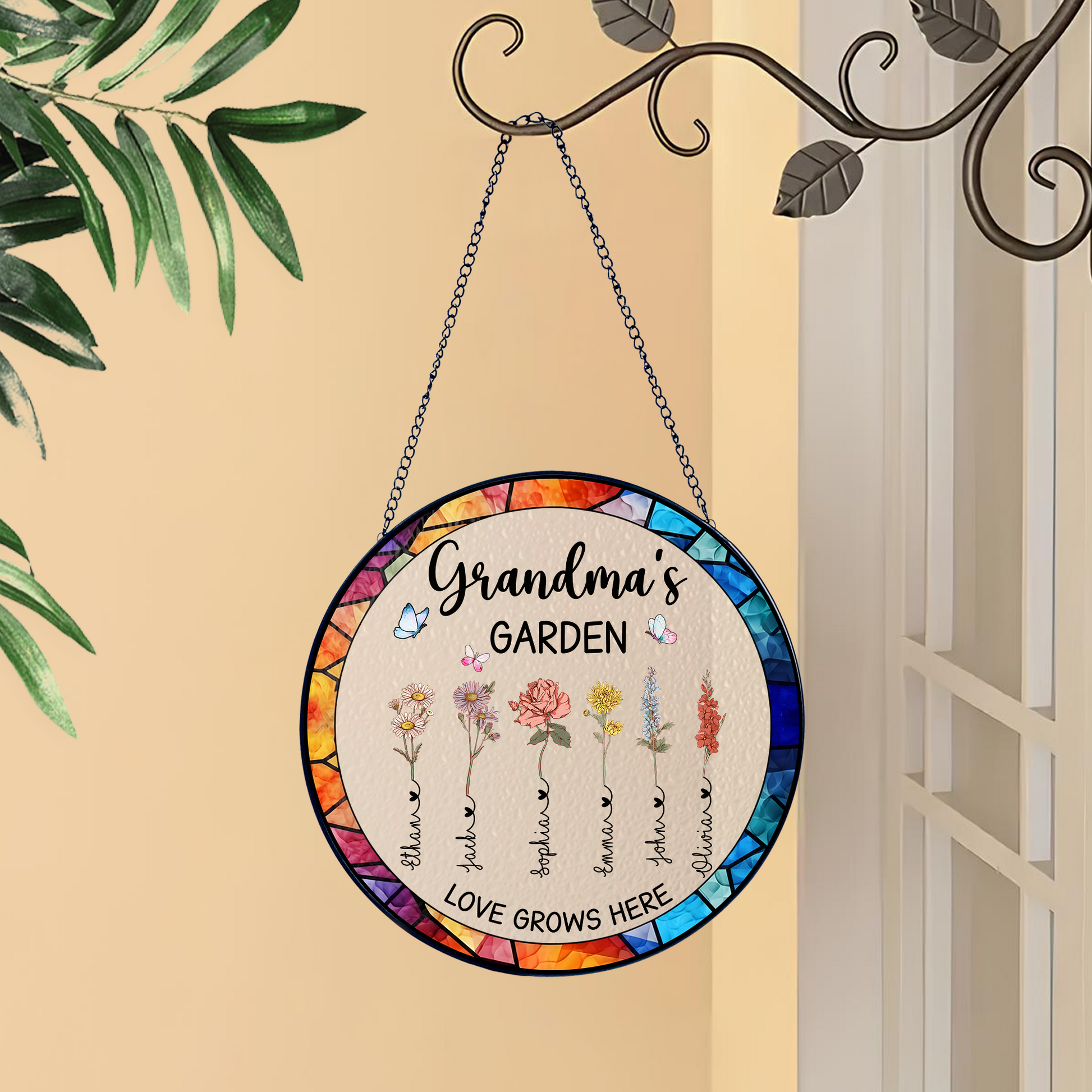 Personalized Grandma’s Garden Stained Glass Suncatcher – Custom Names Window Hanging Gift for Grandma