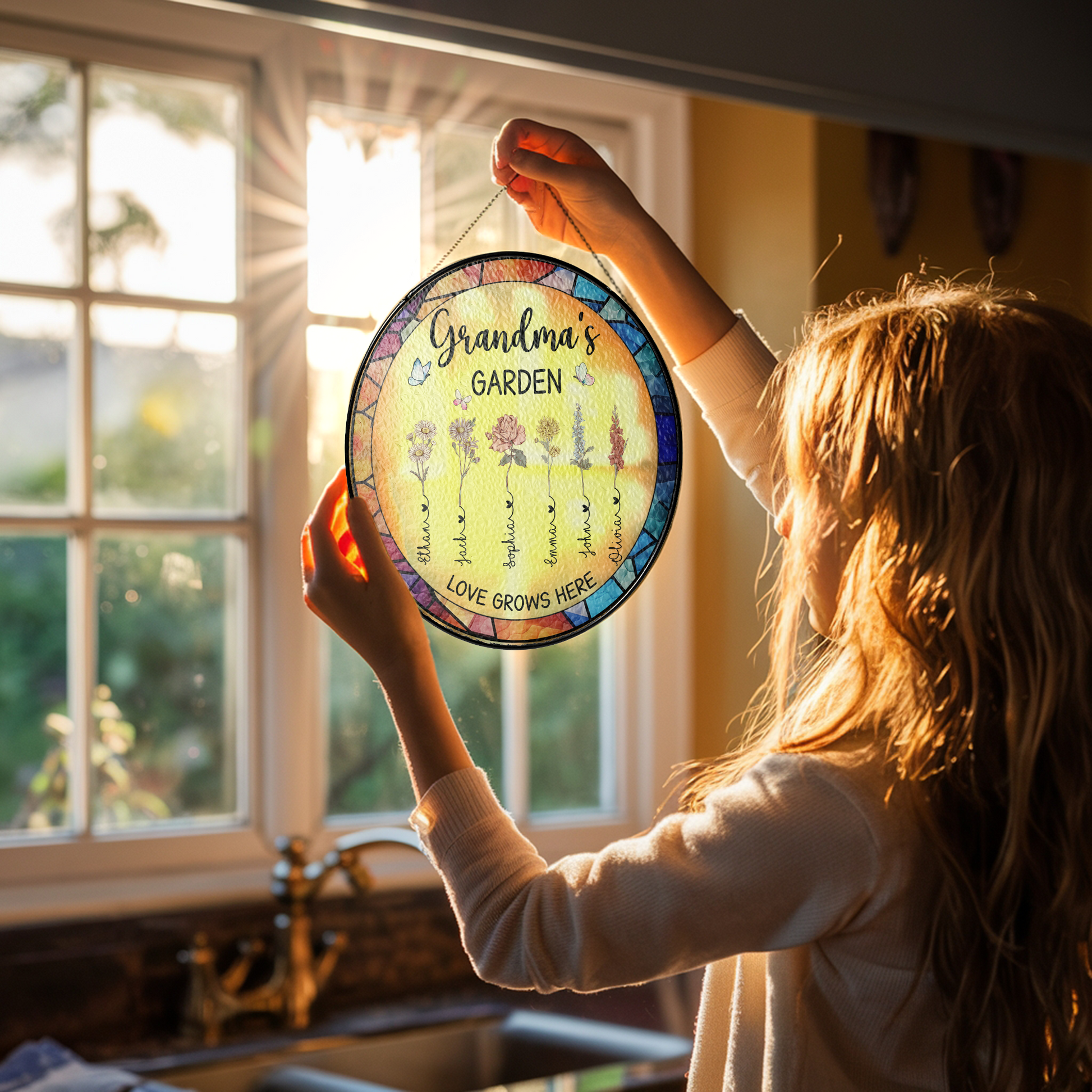 Personalized Grandma’s Garden Stained Glass Suncatcher – Custom Names Window Hanging Gift for Grandma