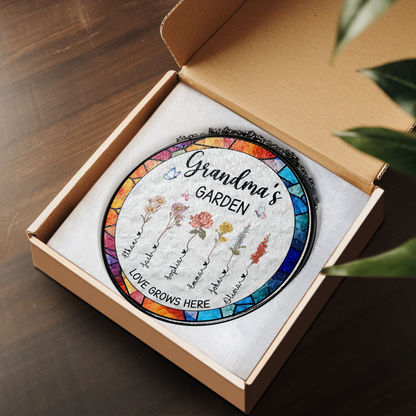 Personalized Grandma’s Garden Stained Glass Suncatcher – Custom Names Window Hanging Gift for Grandma