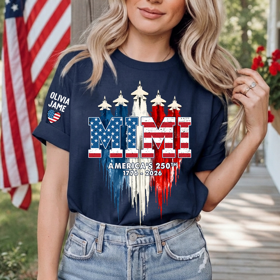 Personalized Mimi Nana Grandma And Grandkids American Flag Airplanes, 1776-2026 Patriotic Jets, 4th Of July Gift T-shirt