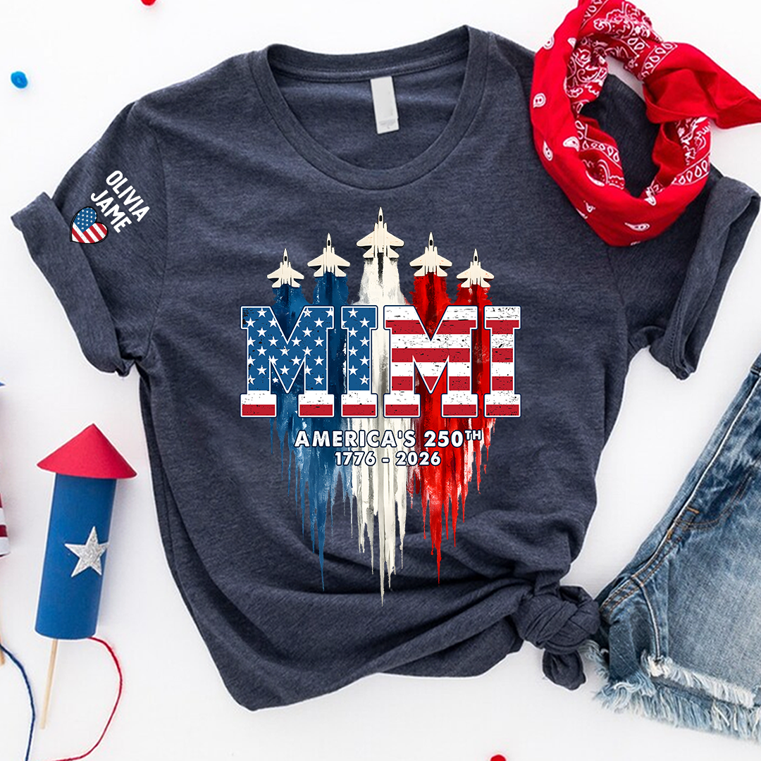 Personalized Mimi Nana Grandma And Grandkids American Flag Airplanes, 1776-2026 Patriotic Jets, 4th Of July Gift T-shirt