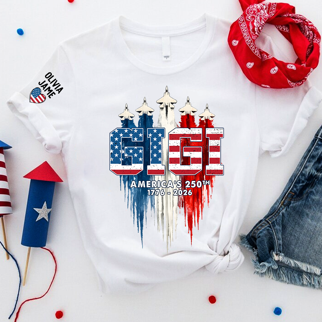 Personalized Mimi Nana Grandma And Grandkids American Flag Airplanes, 1776-2026 Patriotic Jets, 4th Of July Gift T-shirt