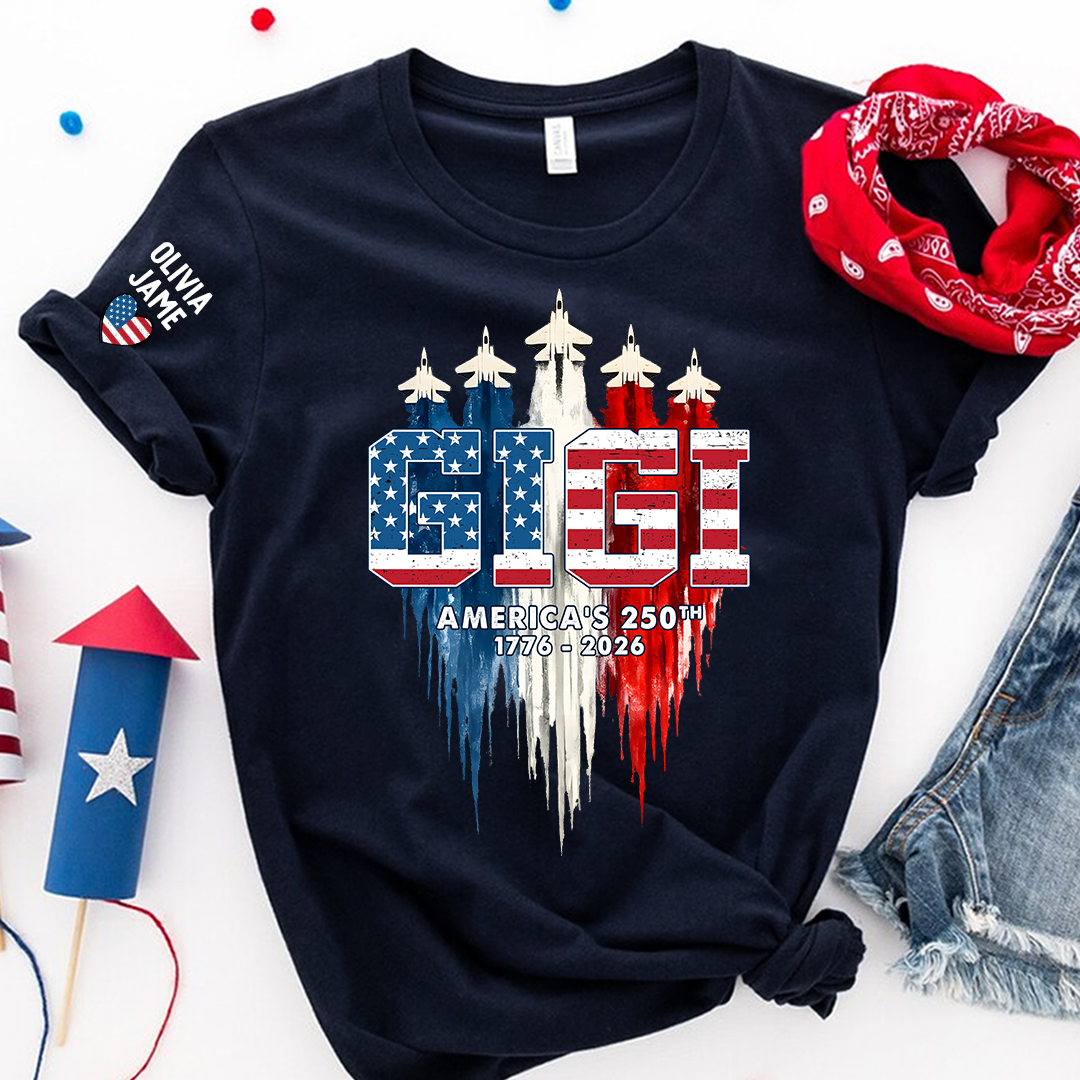 Personalized Mimi Nana Grandma And Grandkids American Flag Airplanes, 1776-2026 Patriotic Jets, 4th Of July Gift T-shirt