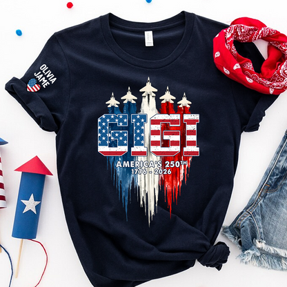 Personalized Mimi Nana Grandma And Grandkids American Flag Airplanes, 1776-2026 Patriotic Jets, 4th Of July Gift T-shirt