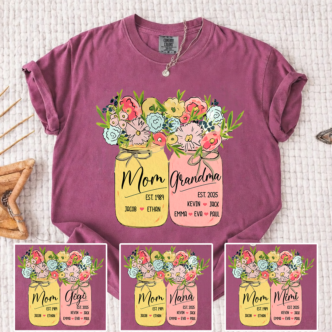 Personalized Mom Grandma Shirt Birth Flower Mason Jar Design Custom Nana Mimi Gigi Name Tee with Kids Names Meaningful Family Keepsake Gift for Women