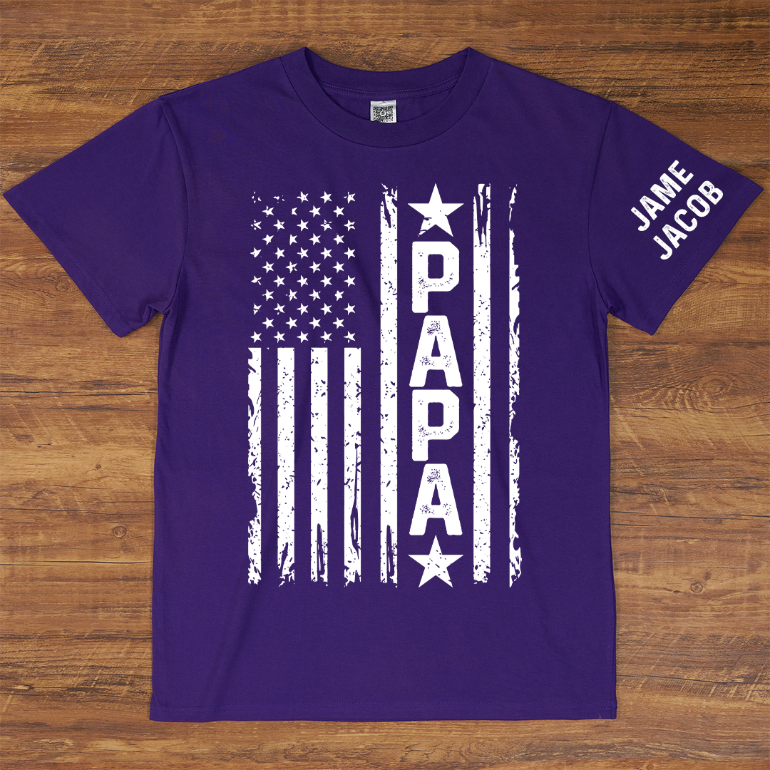 Personalized Papa Grandpa Dad and Grandkids Fathers Day Gift, American Flag Papa, USA 4th of July Family T-Shirt