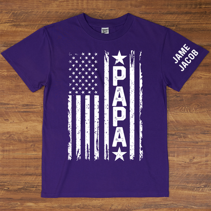Personalized Papa Grandpa Dad and Grandkids Fathers Day Gift, American Flag Papa, USA 4th of July Family T-Shirt