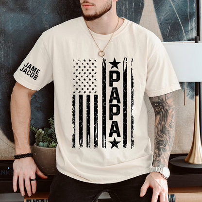 Personalized Papa Grandpa Dad and Grandkids Fathers Day Gift, American Flag Papa, USA 4th of July Family T-Shirt