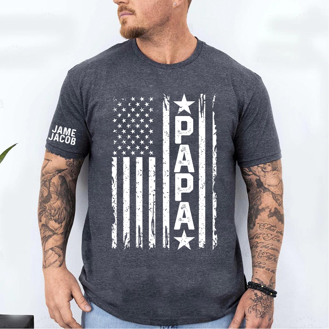 Personalized Papa Grandpa Dad and Grandkids Fathers Day Gift, American Flag Papa, USA 4th of July Family T-Shirt
