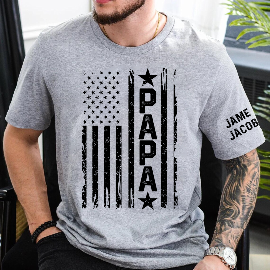 Personalized Papa Grandpa Dad and Grandkids Fathers Day Gift, American Flag Papa, USA 4th of July Family T-Shirt