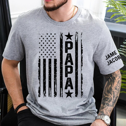 Personalized Papa Grandpa Dad and Grandkids Fathers Day Gift, American Flag Papa, USA 4th of July Family T-Shirt