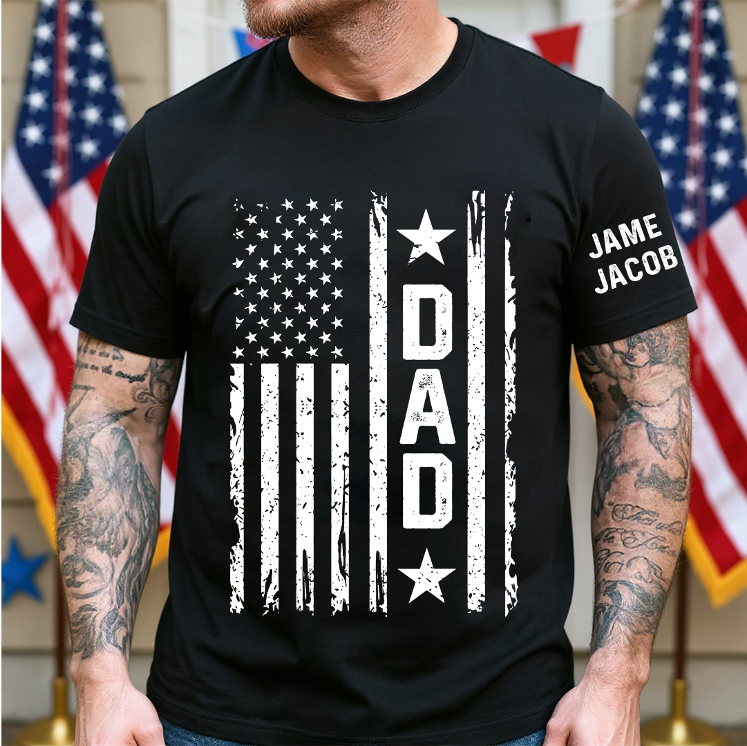 Personalized Papa Grandpa Dad and Grandkids Fathers Day Gift, American Flag Papa, USA 4th of July Family T-Shirt