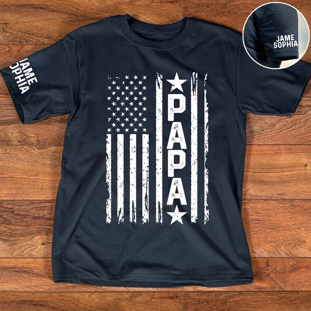 Personalized Papa Grandpa Dad and Grandkids Fathers Day Gift, American Flag Papa, USA 4th of July Family T-Shirt