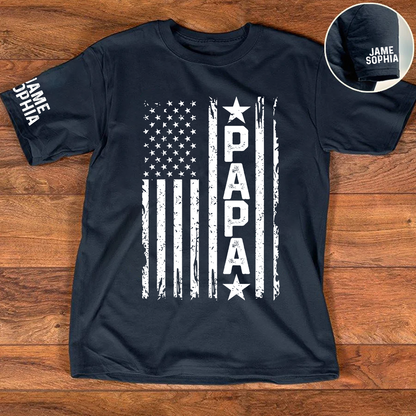 Personalized Papa Grandpa Dad and Grandkids Fathers Day Gift, American Flag Papa, USA 4th of July Family T-Shirt