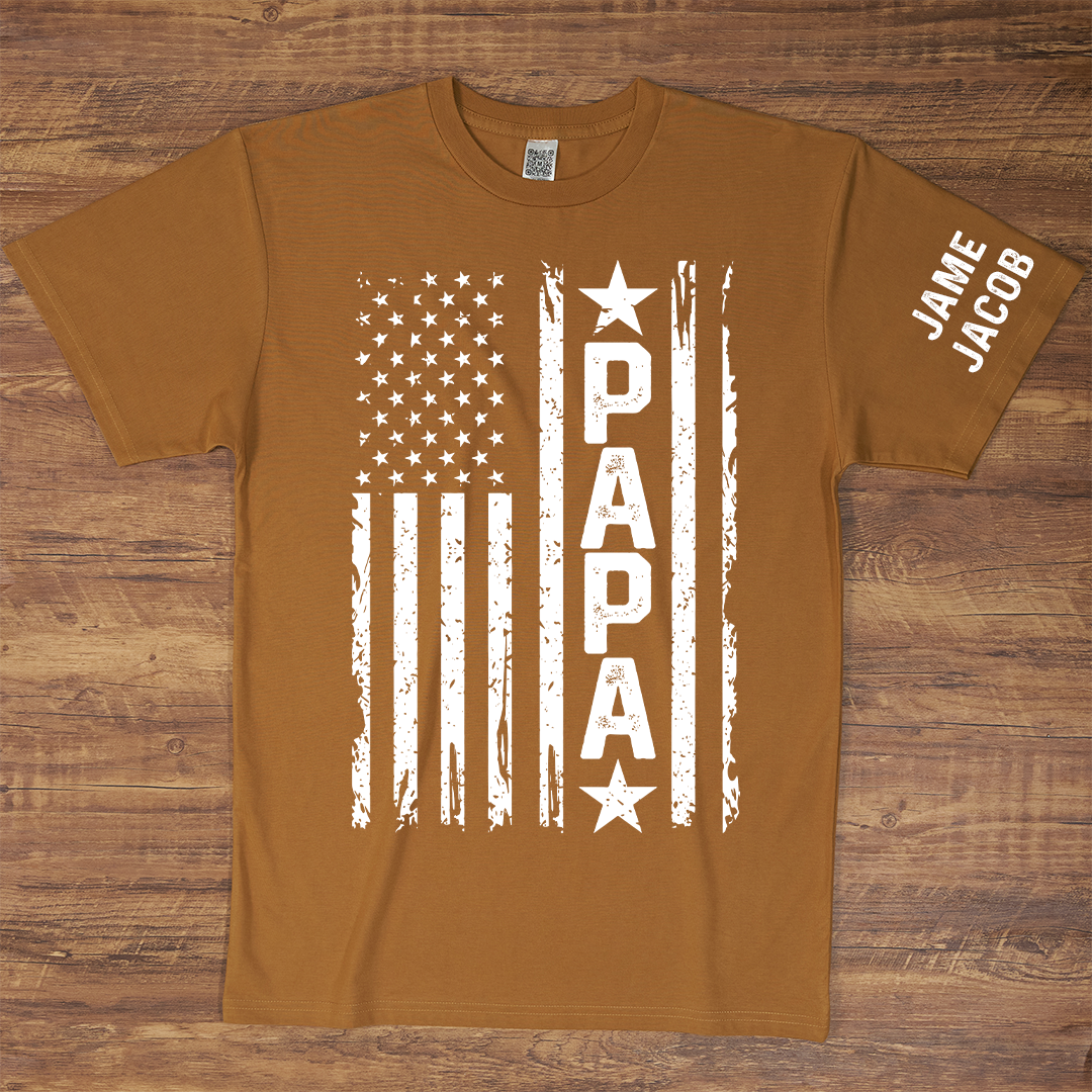 Personalized Papa Grandpa Dad and Grandkids Fathers Day Gift, American Flag Papa, USA 4th of July Family T-Shirt