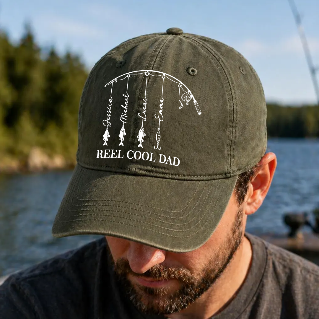 Personalized Reel Cool Dad Cap, Fathers Day Gift, Fisherman Papa & Kid Name Classic Cap