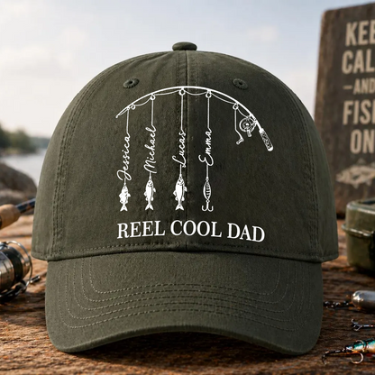 Personalized Reel Cool Dad Cap, Fathers Day Gift, Fisherman Papa & Kid Name Classic Cap