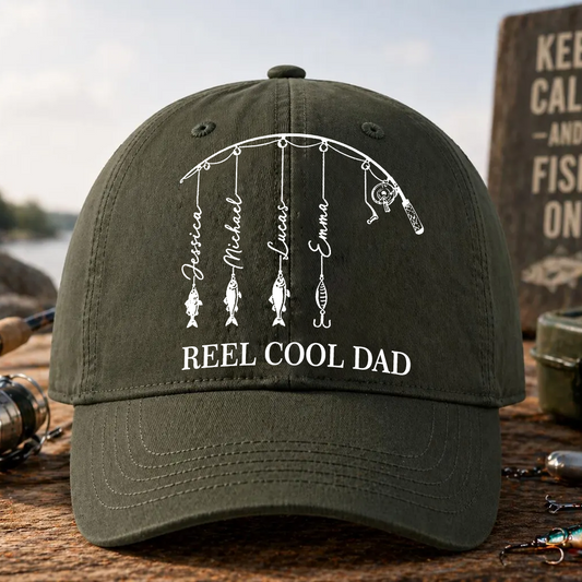 Personalized Reel Cool Dad Cap, Fathers Day Gift, Fisherman Papa & Kid Name Classic Cap
