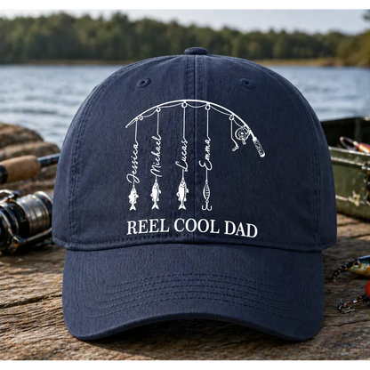Personalized Reel Cool Dad Cap, Fathers Day Gift, Fisherman Papa & Kid Name Classic Cap
