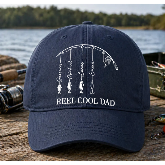 Personalized Reel Cool Dad Cap, Fathers Day Gift, Fisherman Papa & Kid Name Classic Cap