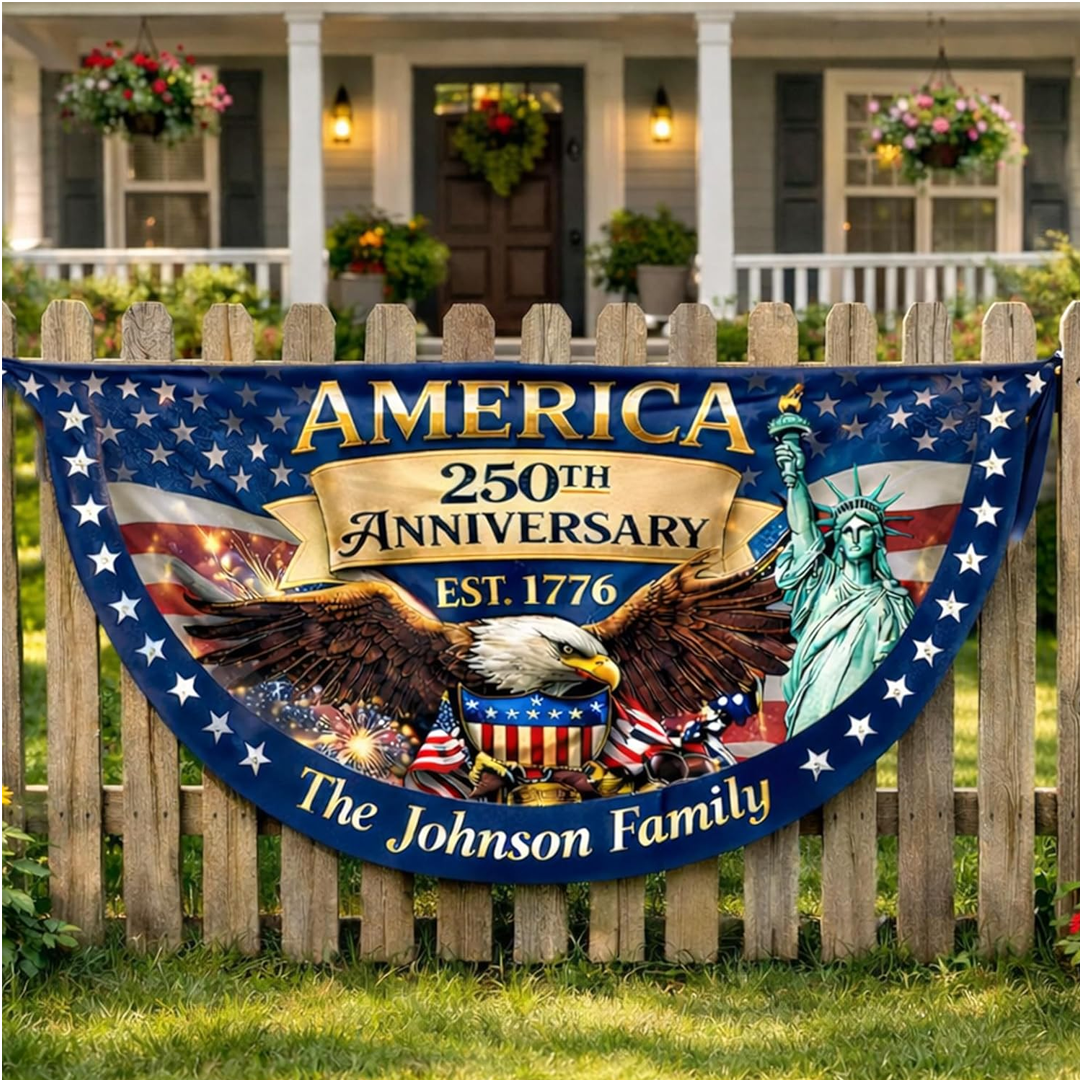 Personalized USA 250th Anniversary Bunting Flag with Family Name, America 1776-2026 Patriotic Eagle Design