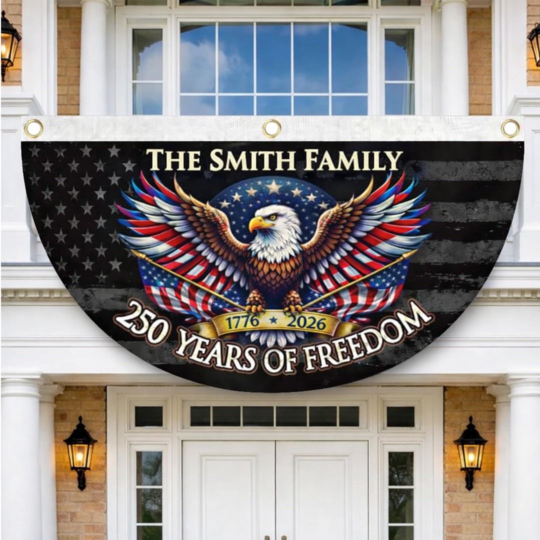 Personalized USA 250th Anniversary Bunting Flag with Family Name, Custom America 250th Birthday Bunting Flag, Patriotic Eagle Design Banner