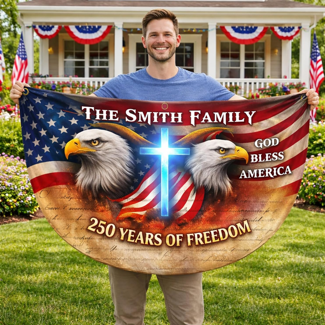 Personalized USA 250th Anniversary Bunting Flag with Family Name, Patriotic Eagle Design Banner, 4th of July