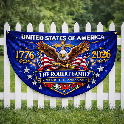 Personalized USA Semiquincentennial Flag with Family Name, Patriotic Bunting Outdoor Decor Banner 250 Years Of Freedom