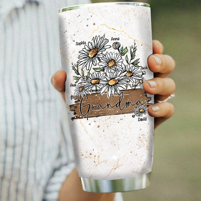 Personalized Water Cups, Custom Flower Daisy Grandma And The Kids. Portable Water Cup With Lid