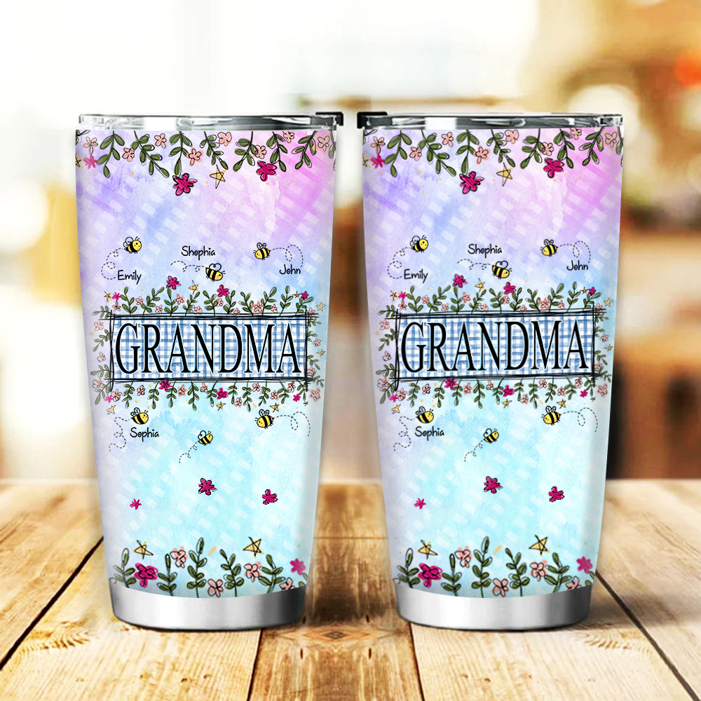 Personalized Water Cups, Custom Flower Grandma And The Kids Bee. Portable Water Cup With Lid