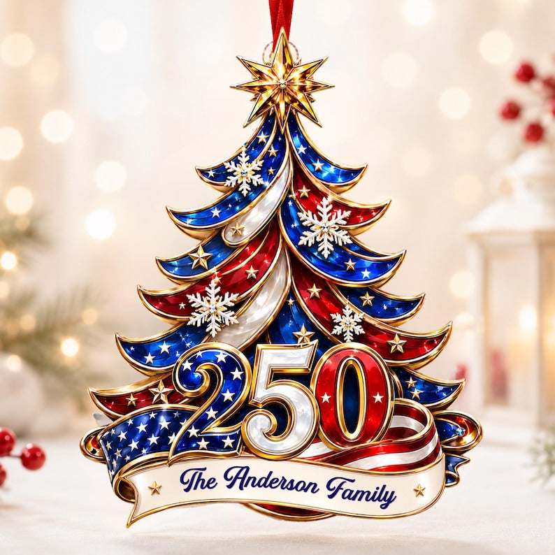 Personalized 250th Anniversary USA Flag Christmas Ornament - Custom Family Name Keepsake - Patriotic 2026 Holiday Decor Gift for Home