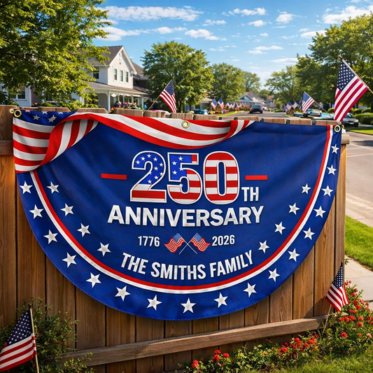 Personalized 250th Anniversary Bunting Flag, USA 250th 4th of July Patriotic Gift for Family, Porch, Fence, Garden, Outdoor