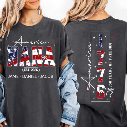 Personalized America Nana and Grandkids, America 1776, 250 Years of Freedom Comfort Colors® T-shirt