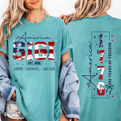 Personalized America Nana and Grandkids, America 1776, 250 Years of Freedom Comfort Colors® T-shirt