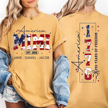 Personalized America Nana and Grandkids, America 1776, 250 Years of Freedom Comfort Colors® T-shirt