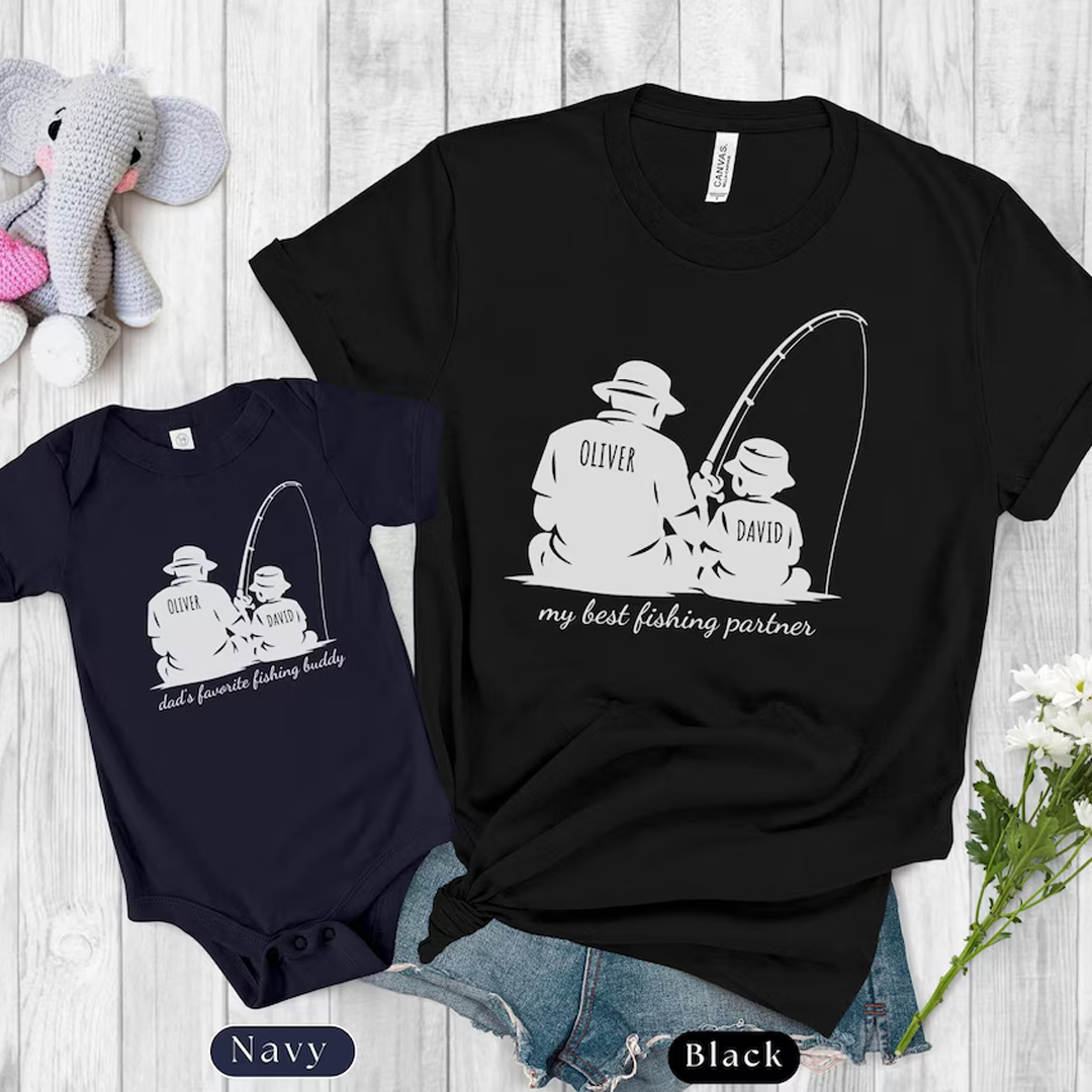 Personalized Dad Fishing Buddy Shirt, Father Son Matching Tee, Custom Names Dad and Kid Fishing Shirt, Fathers Day Gift