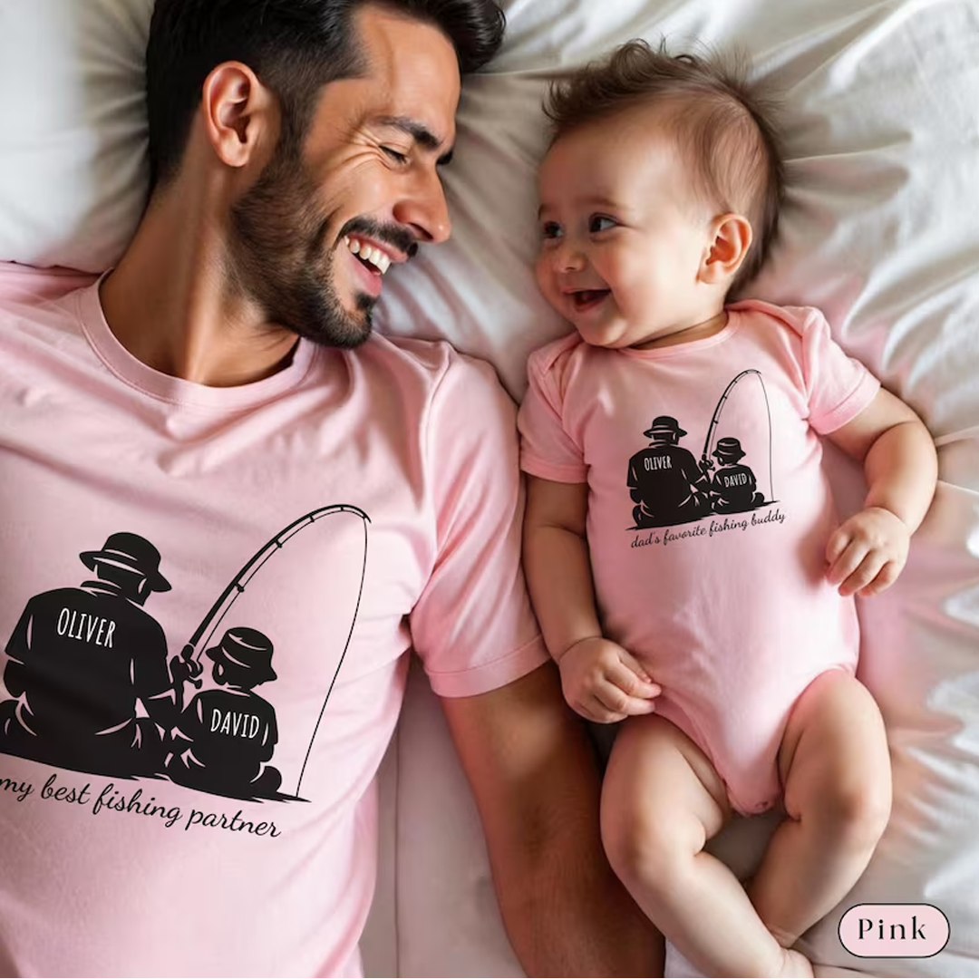 Personalized Dad Fishing Buddy Shirt, Father Son Matching Tee, Custom Names Dad and Kid Fishing Shirt, Fathers Day Gift