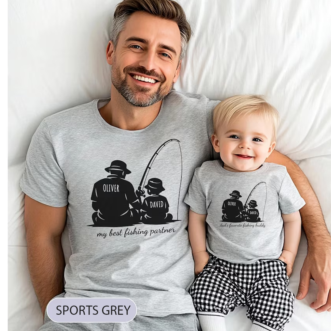 Personalized Dad Fishing Buddy Shirt, Father Son Matching Tee, Custom Names Dad and Kid Fishing Shirt, Fathers Day Gift