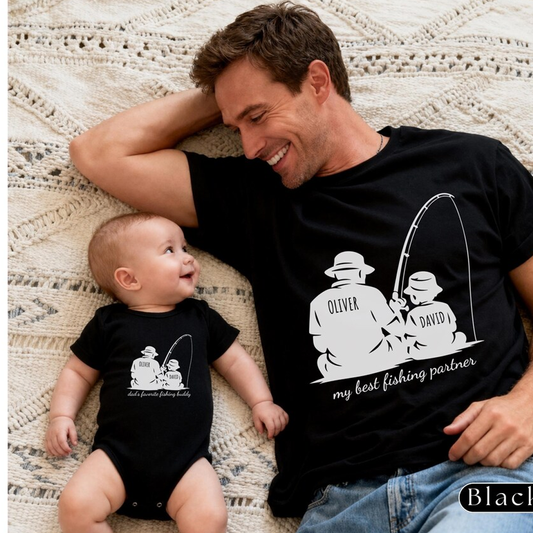 Personalized Dad Fishing Buddy Shirt, Father Son Matching Tee, Custom Names Dad and Kid Fishing Shirt, Fathers Day Gift