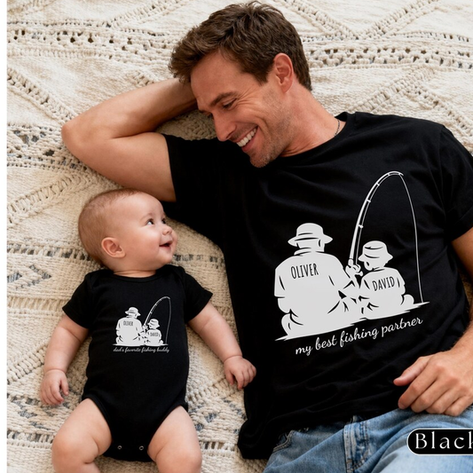 Personalized Dad Fishing Buddy Shirt, Father Son Matching Tee, Custom Names Dad and Kid Fishing Shirt, Fathers Day Gift