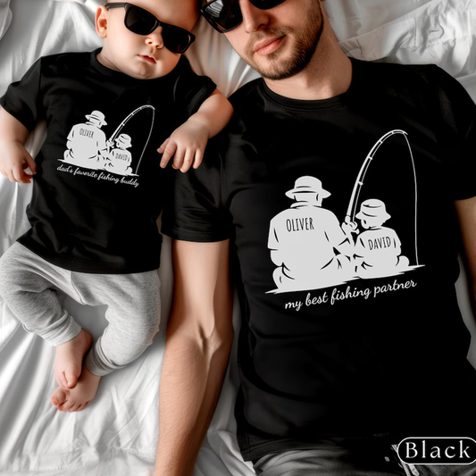 Personalized Dad Fishing Buddy Shirt, Father Son Matching Tee, Custom Names Dad and Kid Fishing Shirt, Fathers Day Gift
