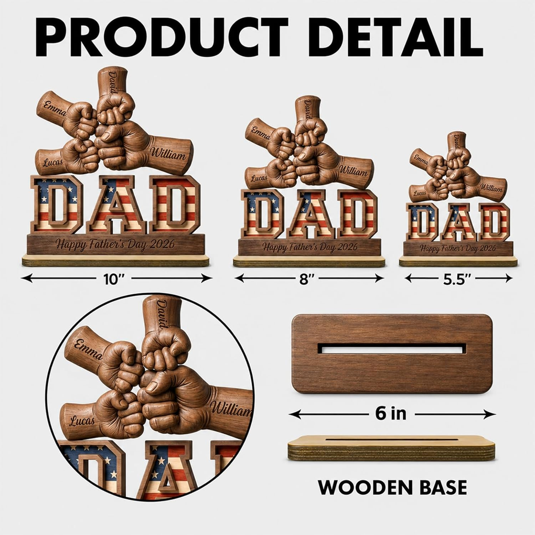 Personalized Fist Bump Dad and Kids Name Wooden Plaque, Custom Fathers Day Plaque for Dad Grandpa