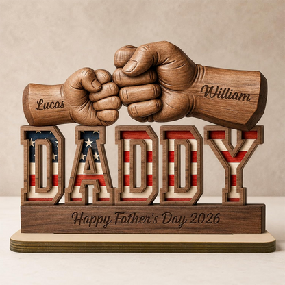 Personalized Fist Bump Dad and Kids Name Wooden Plaque, Custom Fathers Day Plaque for Dad Grandpa