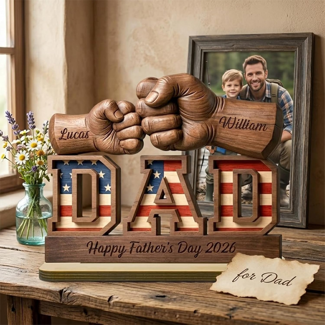 Personalized Fist Bump Dad and Kids Name Wooden Plaque, Custom Fathers Day Plaque for Dad Grandpa