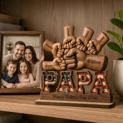 Personalized Fist Bump Dad and Kids Name Wooden Plaque, Custom Fathers Day Plaque for Dad Grandpa