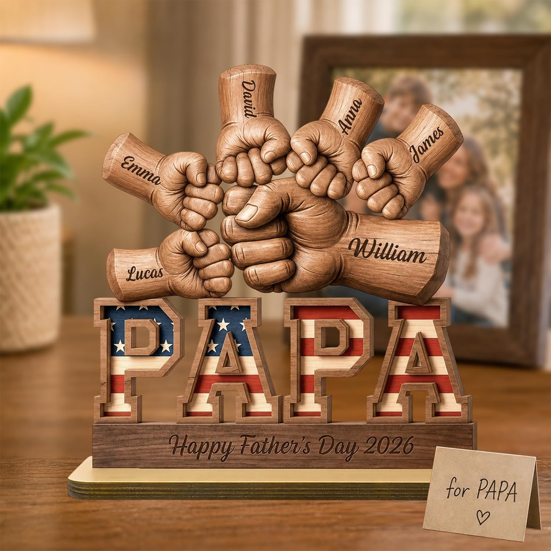 Personalized Fist Bump Dad and Kids Name Wooden Plaque, Custom Fathers Day Plaque for Dad Grandpa