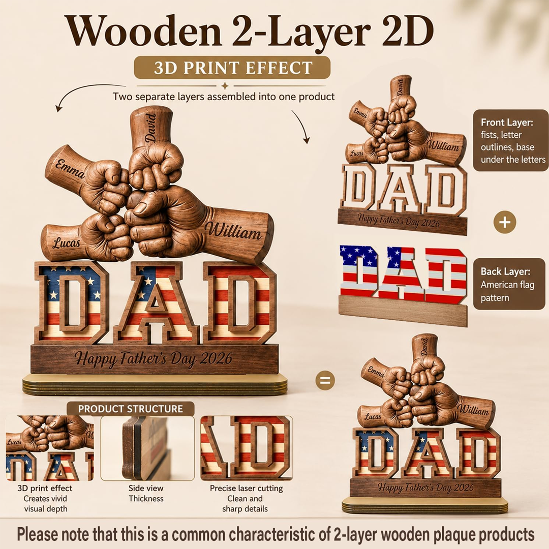 Personalized Fist Bump Dad and Kids Name Wooden Plaque, Custom Fathers Day Plaque for Dad Grandpa